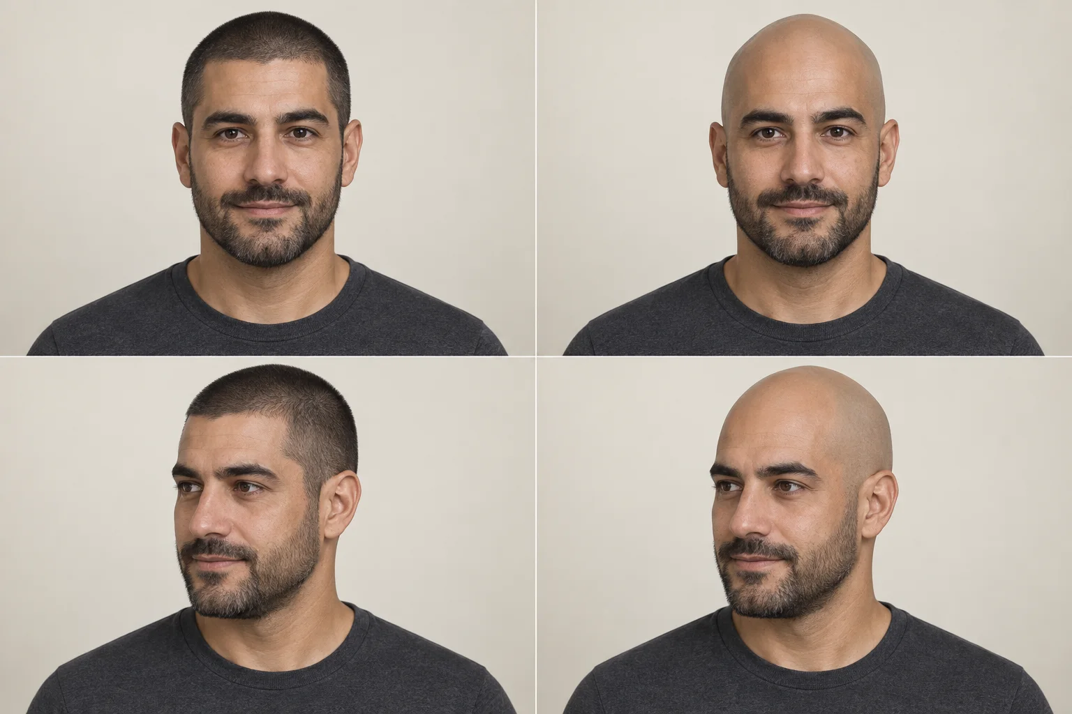 The same man shown in a two-by-two comparison: buzz cut on the left and shaved head on the right, each from the front above and a three-quarter angle below