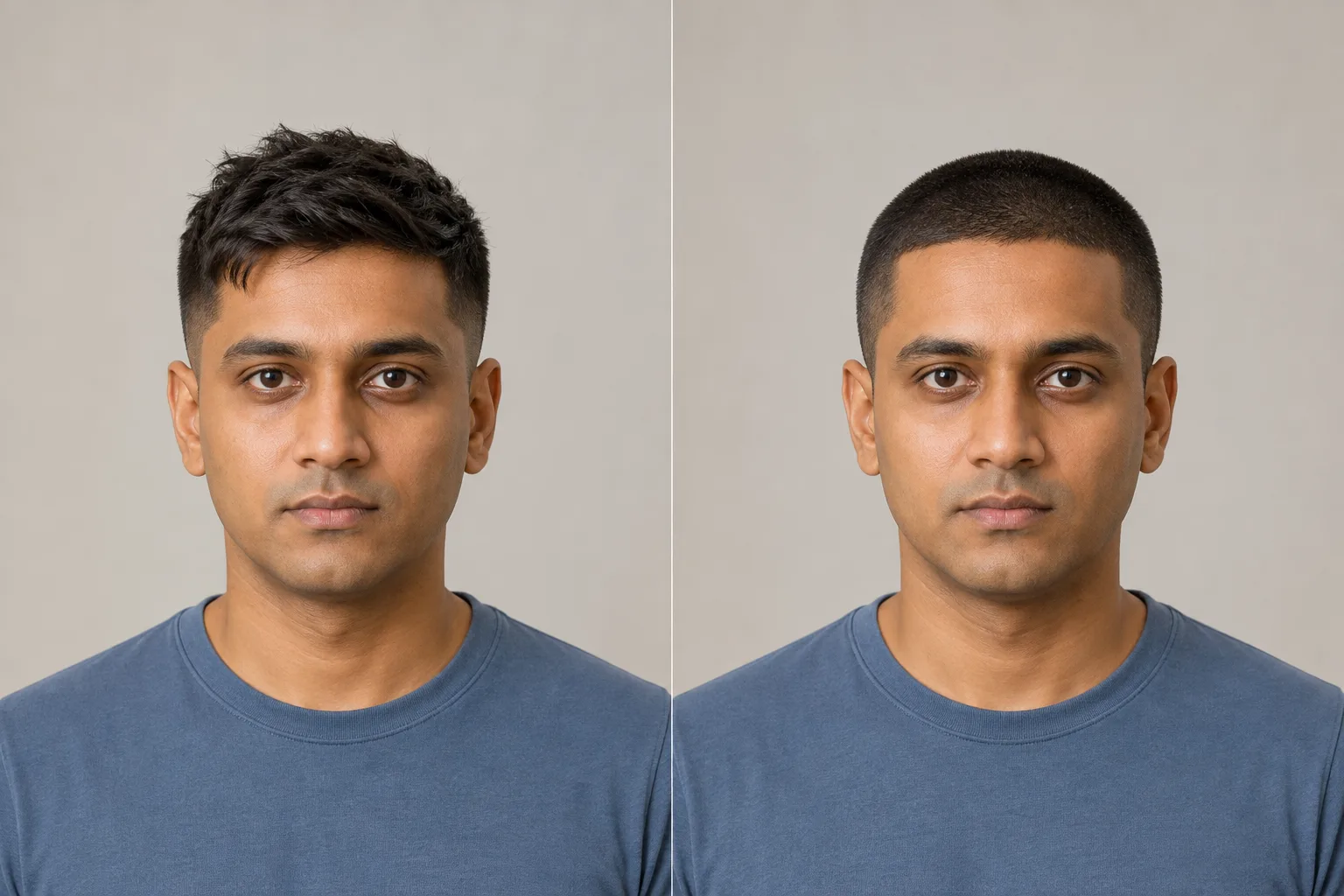 The same man with short textured hair and a close buzz cut