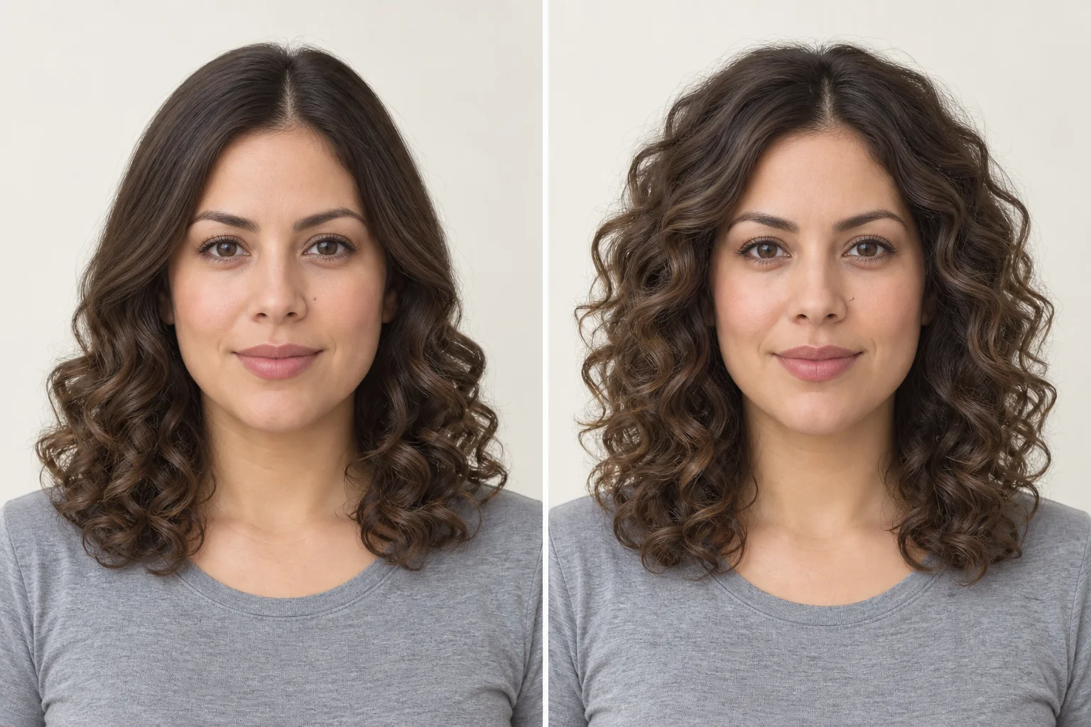 The same woman shown from the front with curls beginning near the ears on the left and closer to the crown on the right
