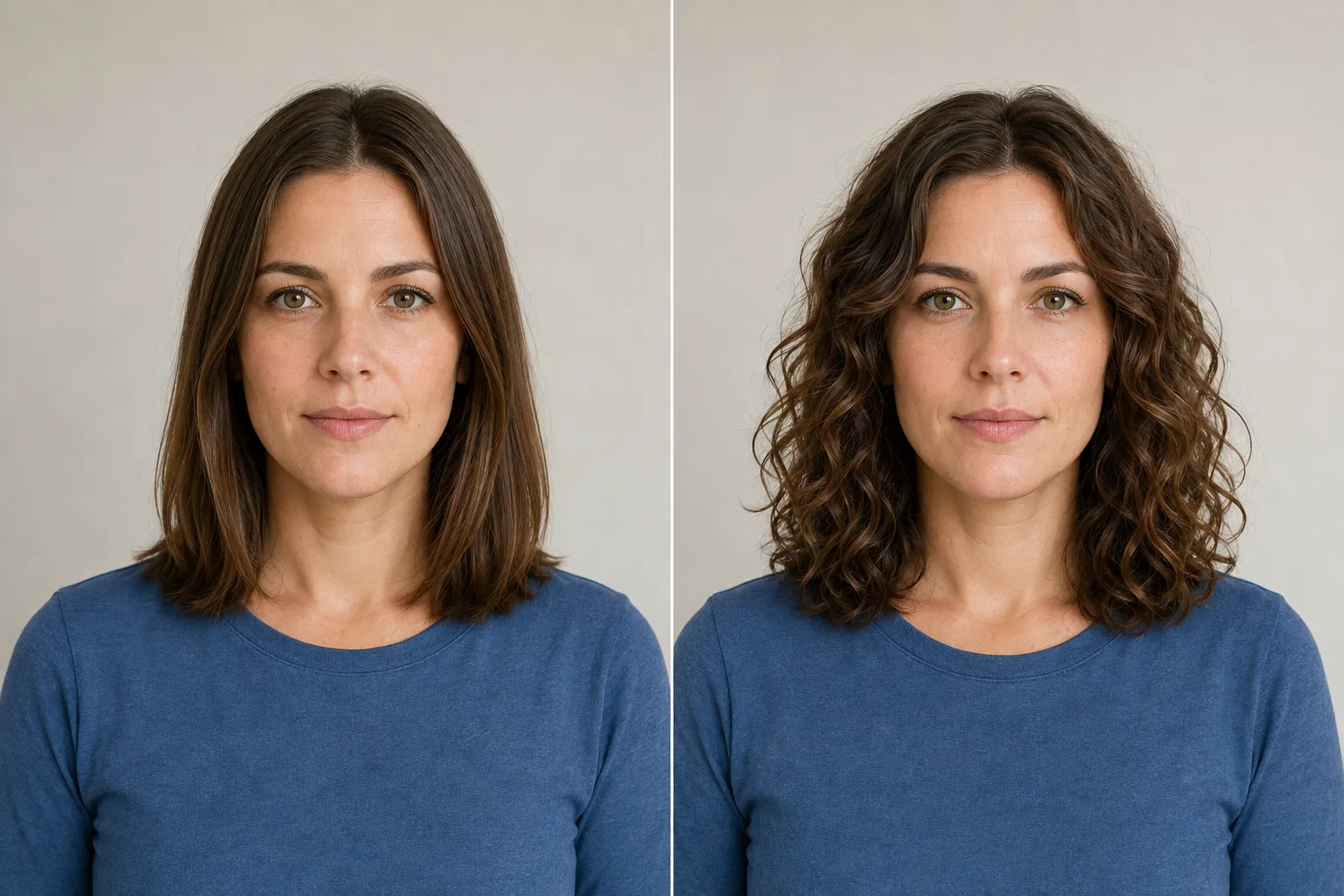 The same woman with shoulder-length straight hair and loose curls