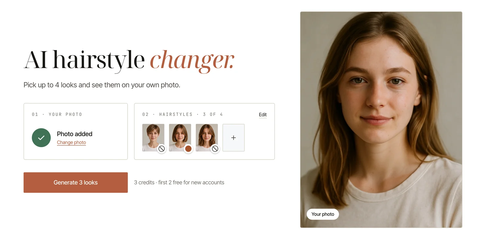 Hairstyle tool with the Your photo card marked Photo added, the Hairstyles card showing 3 of 4 chosen styles and an Edit link, a Generate 3 looks button, and a woman’s front-facing photo in the large frame