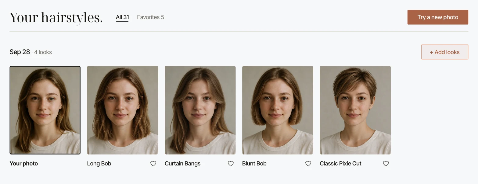 The looks board: a person’s original photo next to four generated hairstyle previews