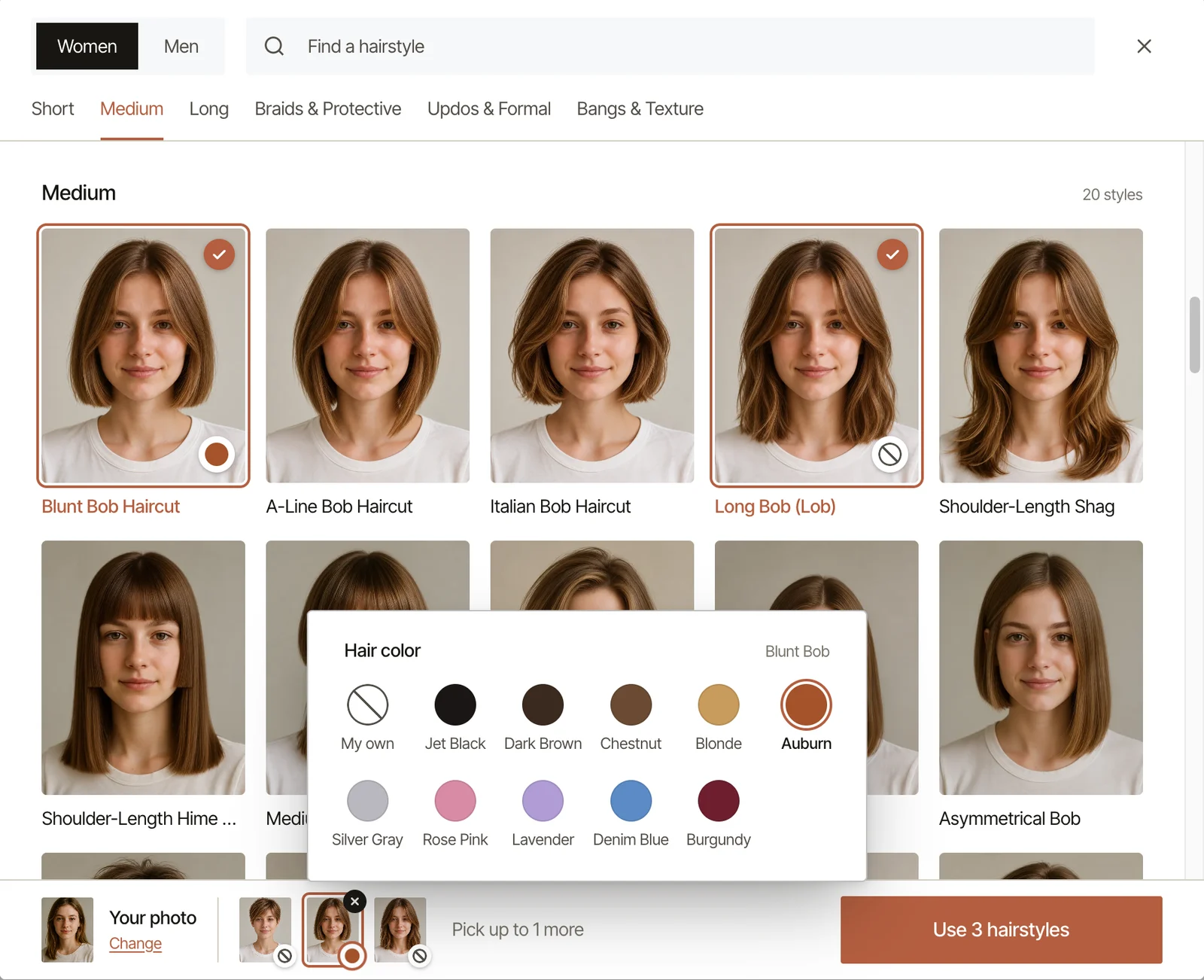 Hairstyle library with Women selected and the Medium category open, Blunt Bob Haircut and Long Bob (Lob) checked, a hair color list open for the blunt bob with Auburn chosen, and a Use 3 hairstyles button at the bottom