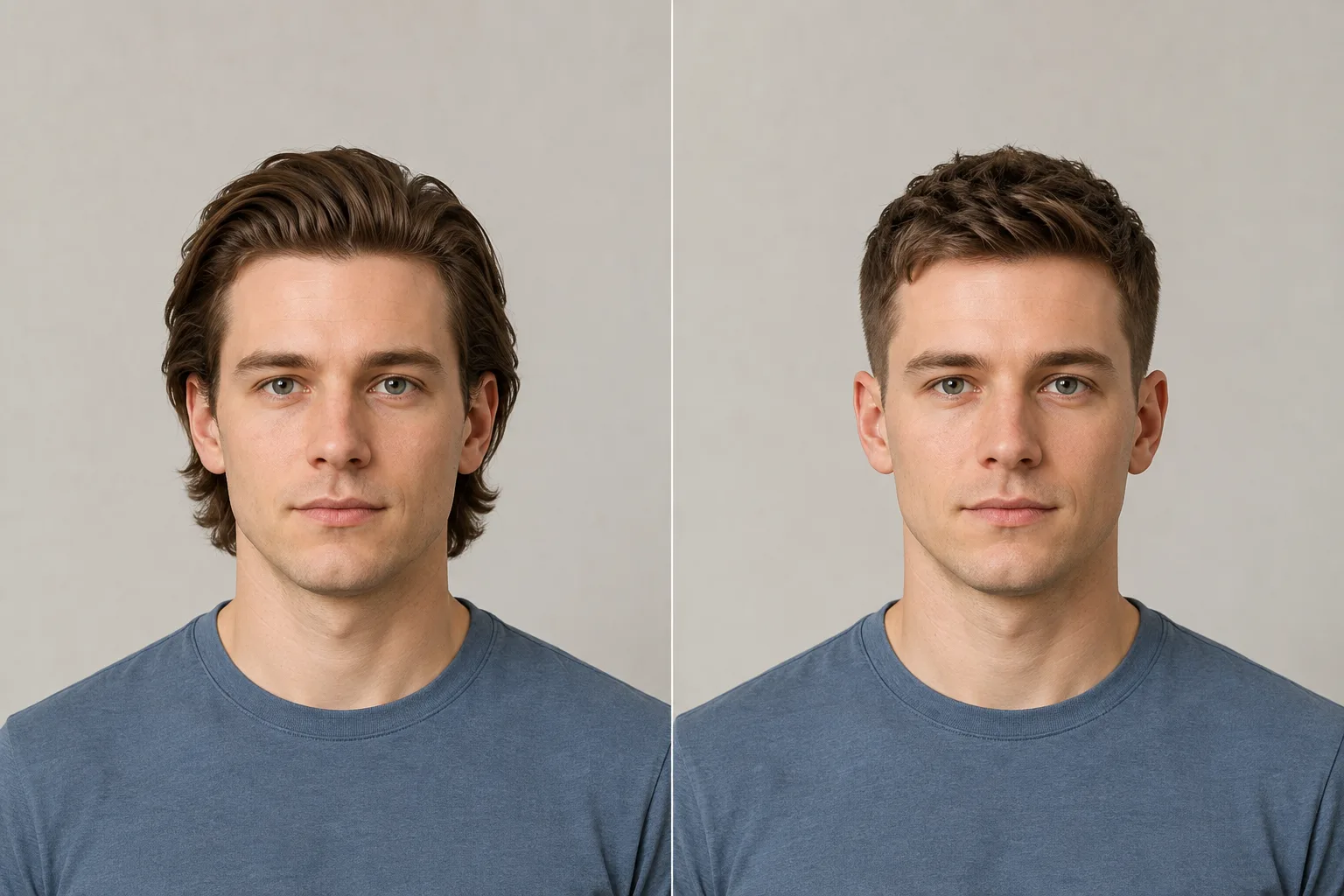 A man with medium-length swept-back hair compared with a short textured crop