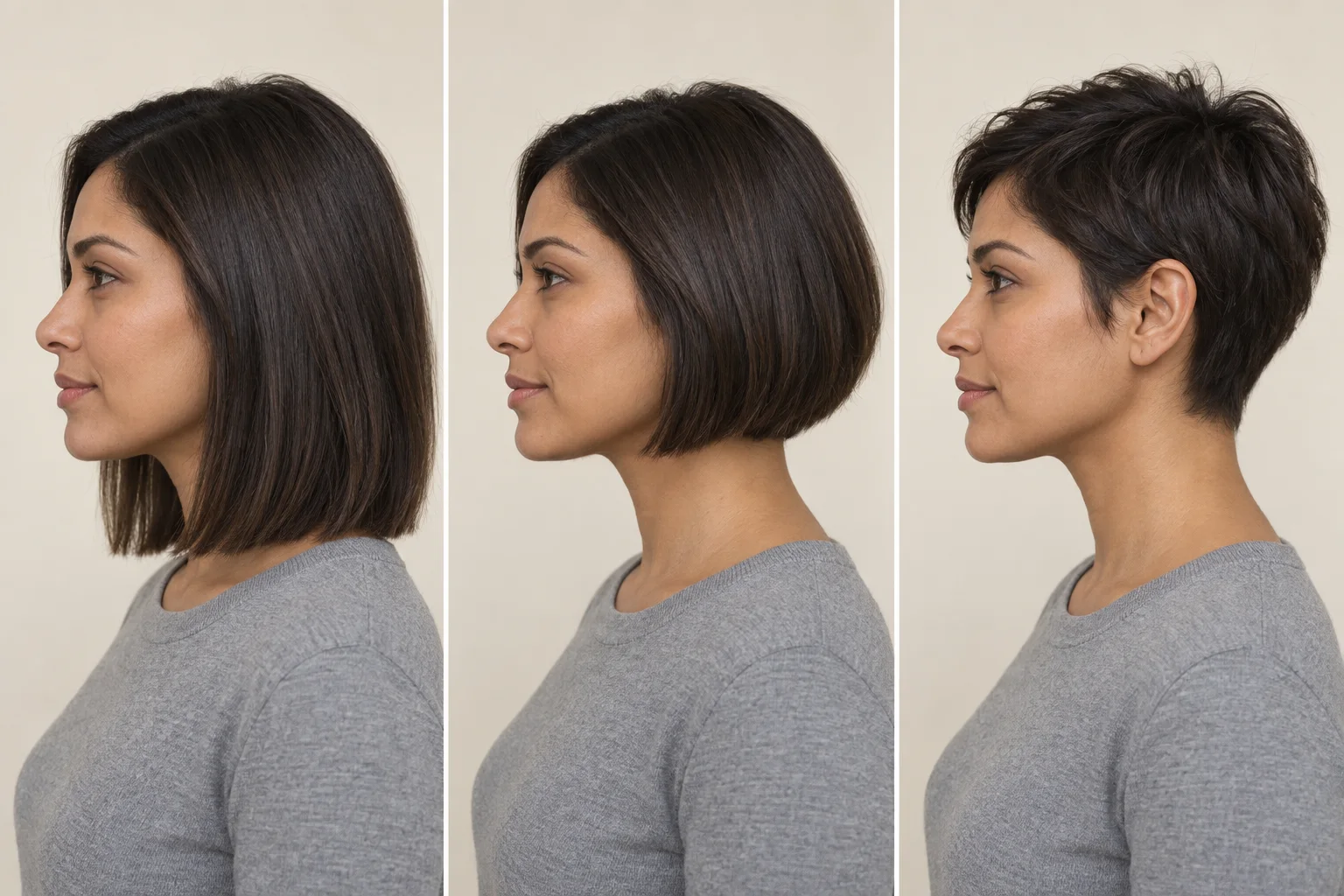The same woman shown from the left side with a long bob, a chin-length bob, and a pixie cut