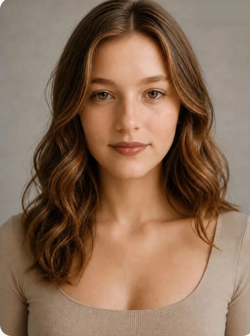 Original portrait with shoulder-length brown waves