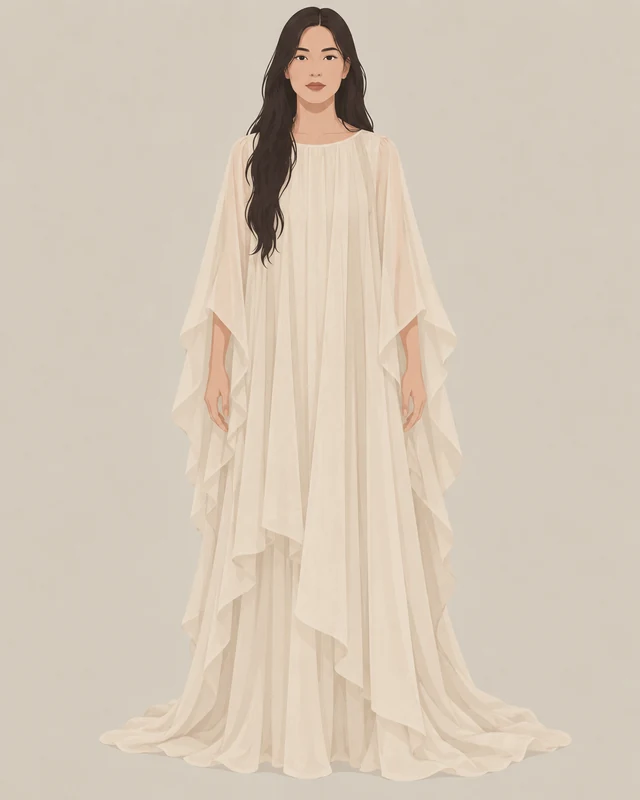 Ethereal style archetype: a long trailing dress with a wide sleeve and floating layers