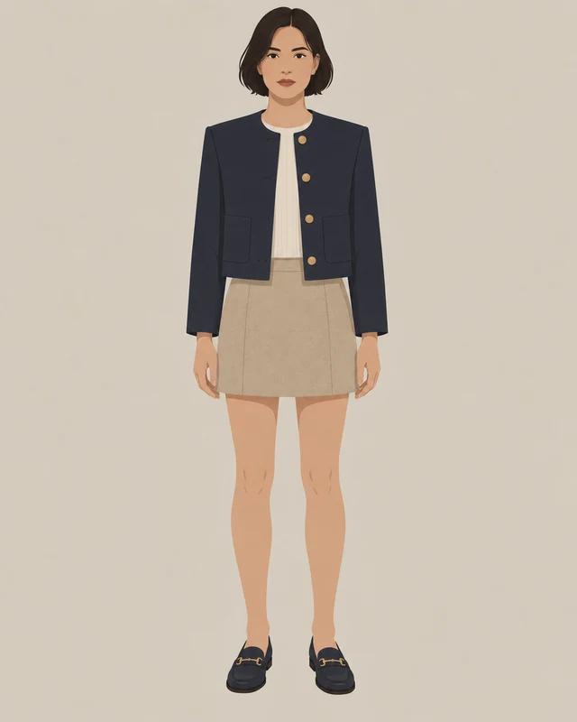 Gamine style archetype: a short boxy jacket with a mini skirt and flat loafers in two contrasting shades