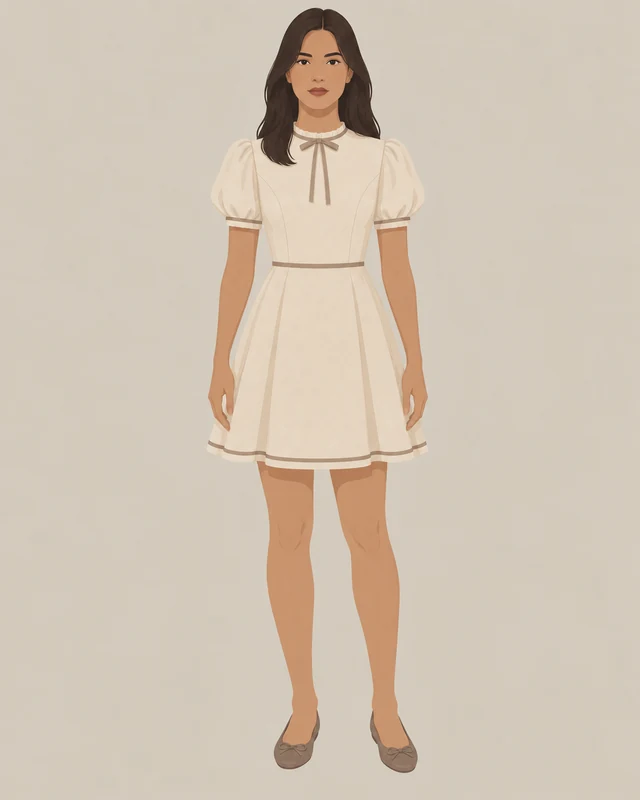 Ingenue style archetype: a fitted bodice with an A-line skirt, a short puff sleeve and ballet flats